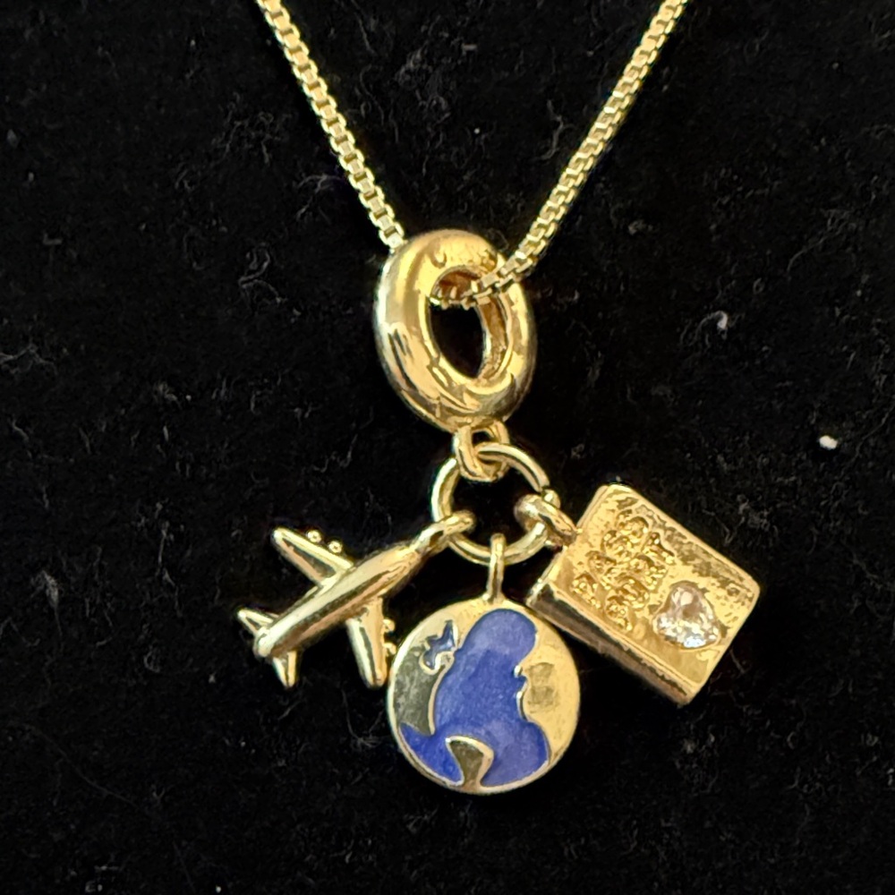 Gold Travel Charm Necklace with Blue Enamel Globe